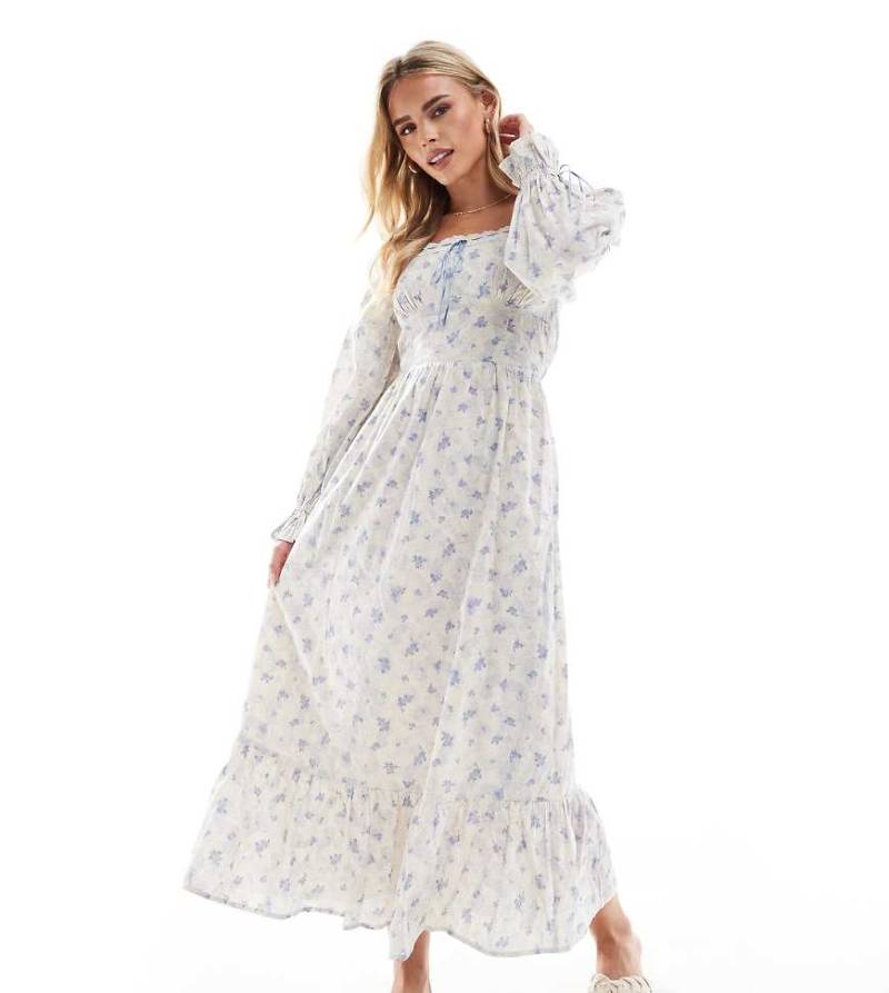 Miss Selfridge Petite - Maxikleid im Milchmädchen-Stil in Blau mit Blümchenmuster-Bunt von Miss Selfridge Petite