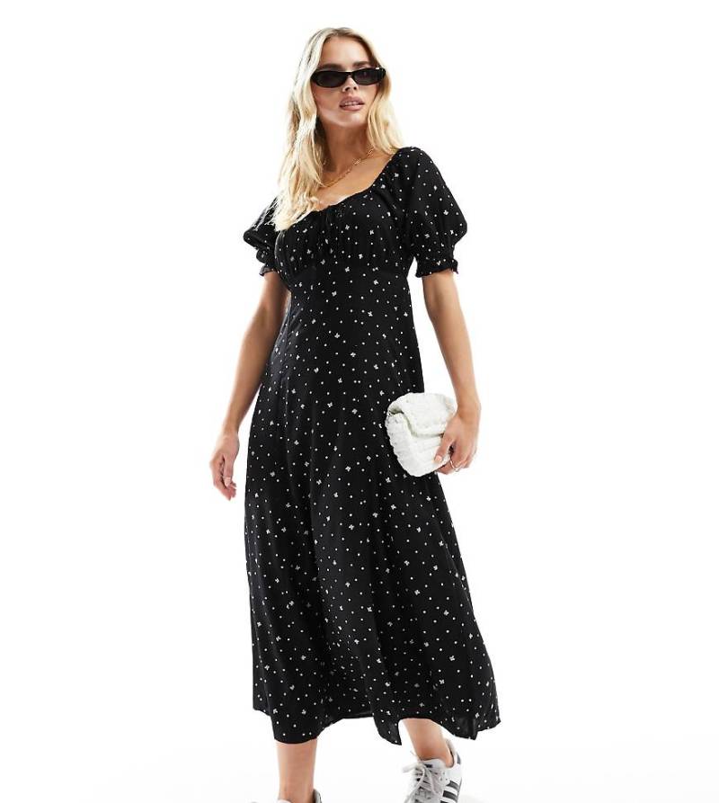 Miss Selfridge Petite - Midi-Freizeitkleid in Schwarz mit Polka-dots mit Bindedetail vorn von Miss Selfridge Petite