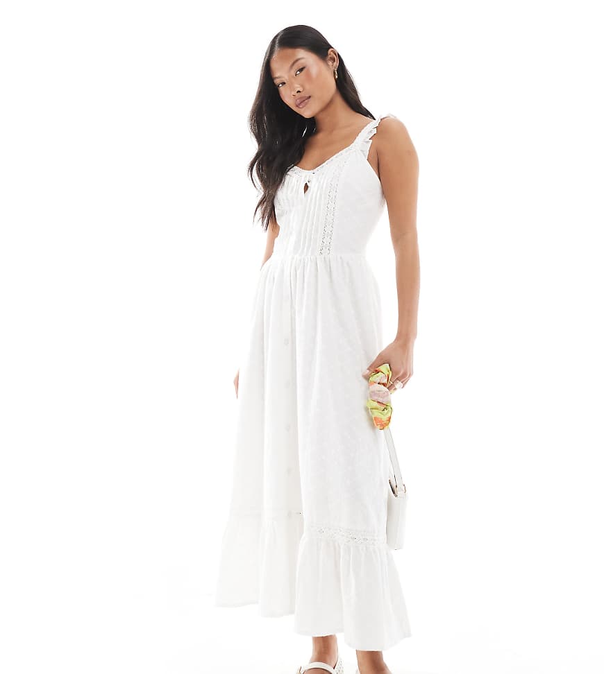 Miss Selfridge Petite - Milchmädchen-Maxikleid in Weiß mit Lochstickerei von Miss Selfridge Petite
