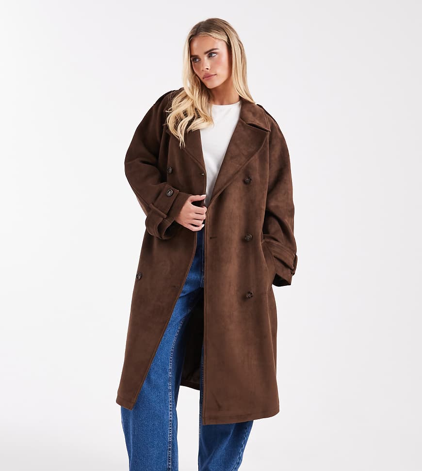 Miss Selfridge Petite - Trenchcoat aus Wildlederimitat in Schokobraun-Brown von Miss Selfridge Petite
