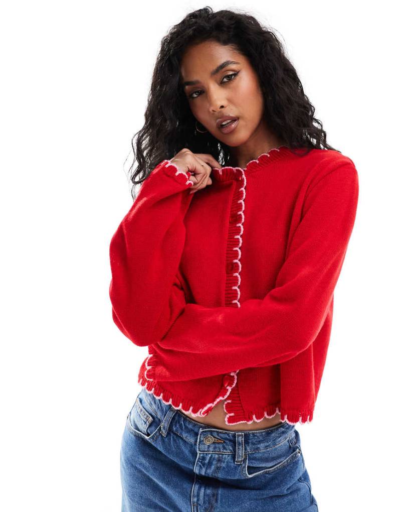 ASOS DESIGN - Strickjacke in Rot mit Ziernähten im Deckenstil-Blau von Miss Selfridge