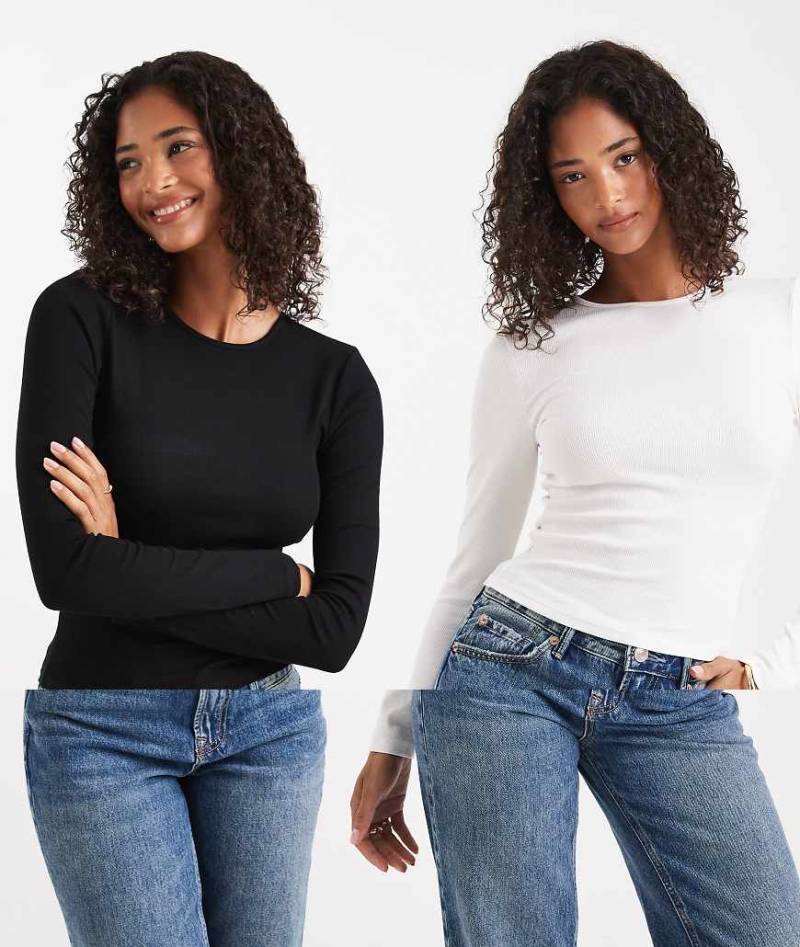 Miss Selfridge - 2er-Pack langärmlige, gerippte Oberteile in Weiß und Schwarz mit Rundhalsausschnitt-Bunt Miss Selfridge - 2er-Pack langärmlige, gerippte Oberteile in Weiß und Schwarz mit Rundhalsausschnitt-Bunt von Miss Selfridge