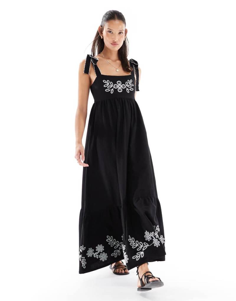 Miss Selfridge - Besticktes Maxikleid in Schwarz mit gebundenen Trägern-Bunt von Miss Selfridge