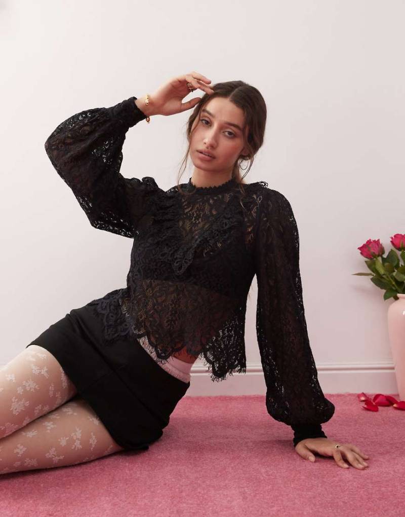 Miss Selfridge - Bluse aus Spitze im viktorianischen Stil in Schwarz von Miss Selfridge