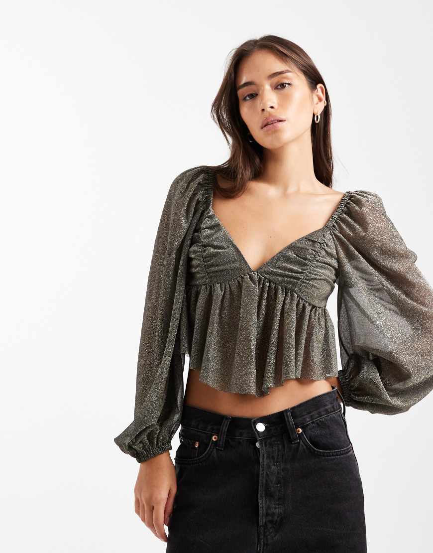 Miss Selfridge - Bluse in Gold mit Puffärmeln-Goldfarben von Miss Selfridge