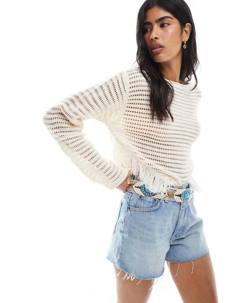 Miss Selfridge - Boho-Pullover in Creme aus Häkelstrick mit Fransen-Weiß von Miss Selfridge
