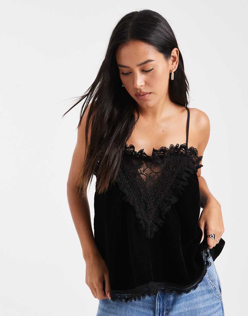 Miss Selfridge - Camisole-Oberteil aus Samt und Spitze in Schwarz von Miss Selfridge