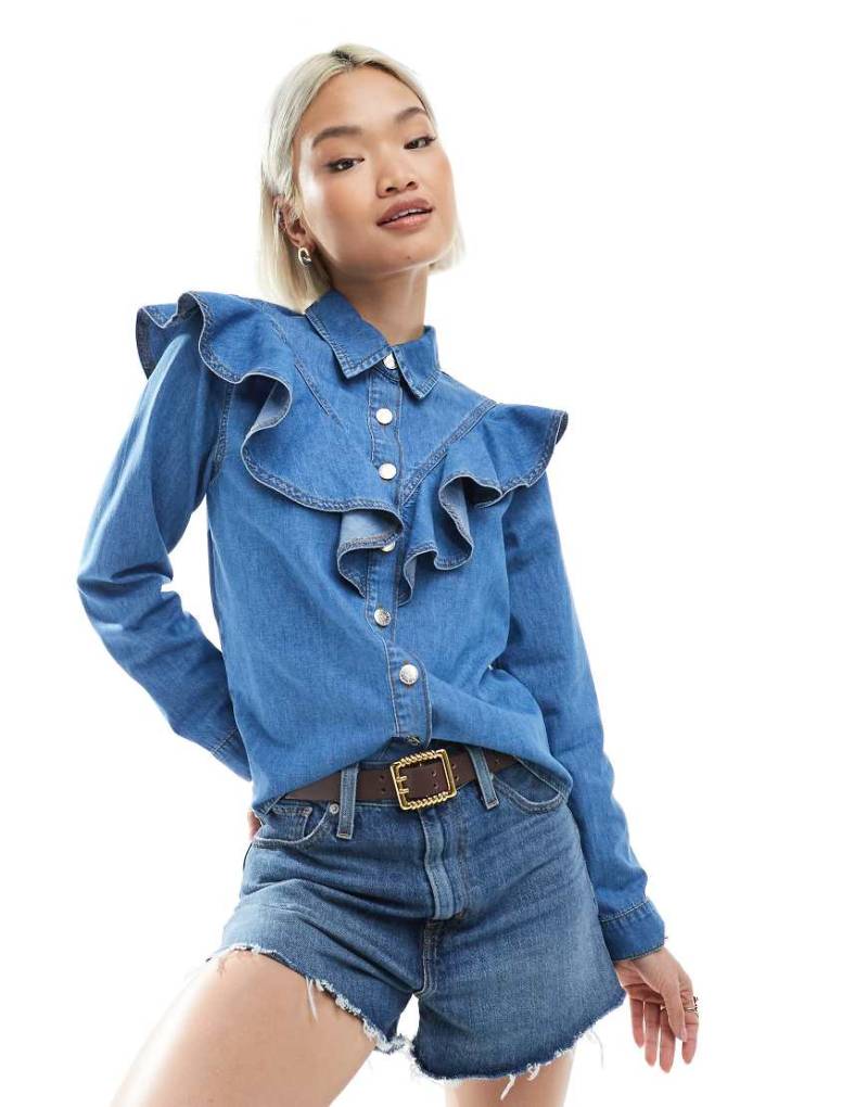 Miss Selfridge - Chambray-Jacke in mittlerer Waschung im Western-Stil mit Rüschen-Blau von Miss Selfridge