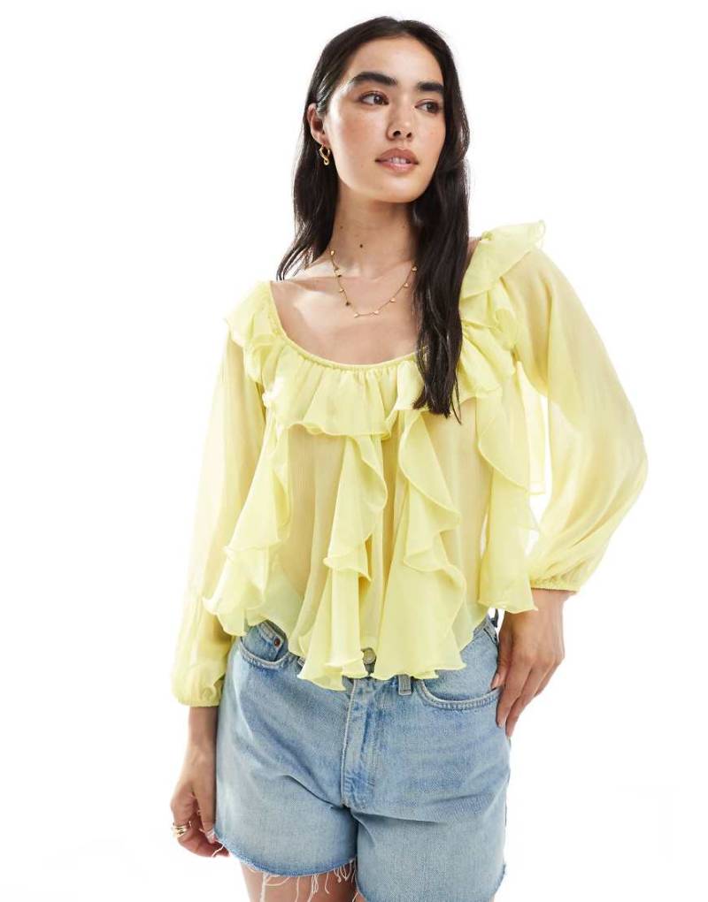 Miss Selfridge - Chiffonbluse in sanftem Gelb mit Bardot-Ausschnitt-Orange von Miss Selfridge