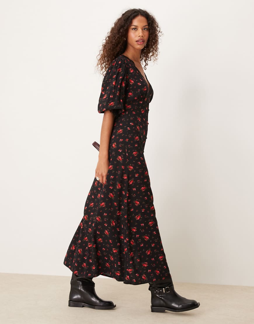 Miss Selfridge - Durchgeknöpftes Maxikleid in Schwarz mit Rosenmuster und Spitzenborte-Bunt von Miss Selfridge