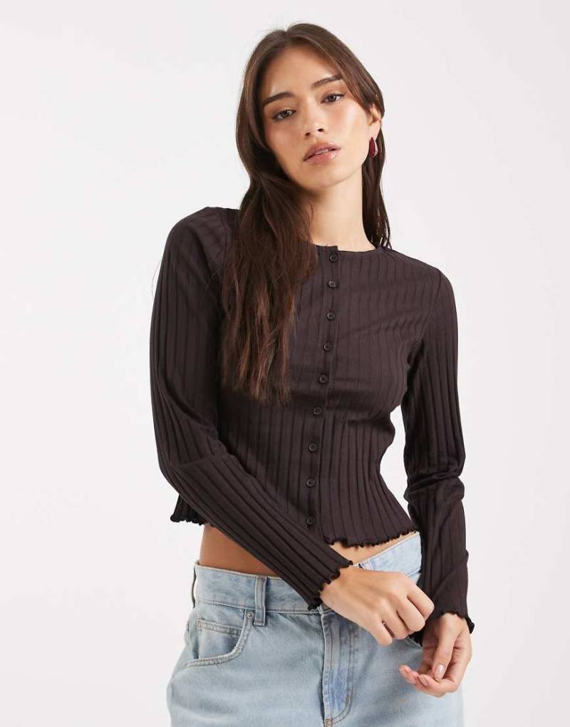 Miss Selfridge - Gerippte Strickjacke in Schokobraun-Brown von Miss Selfridge