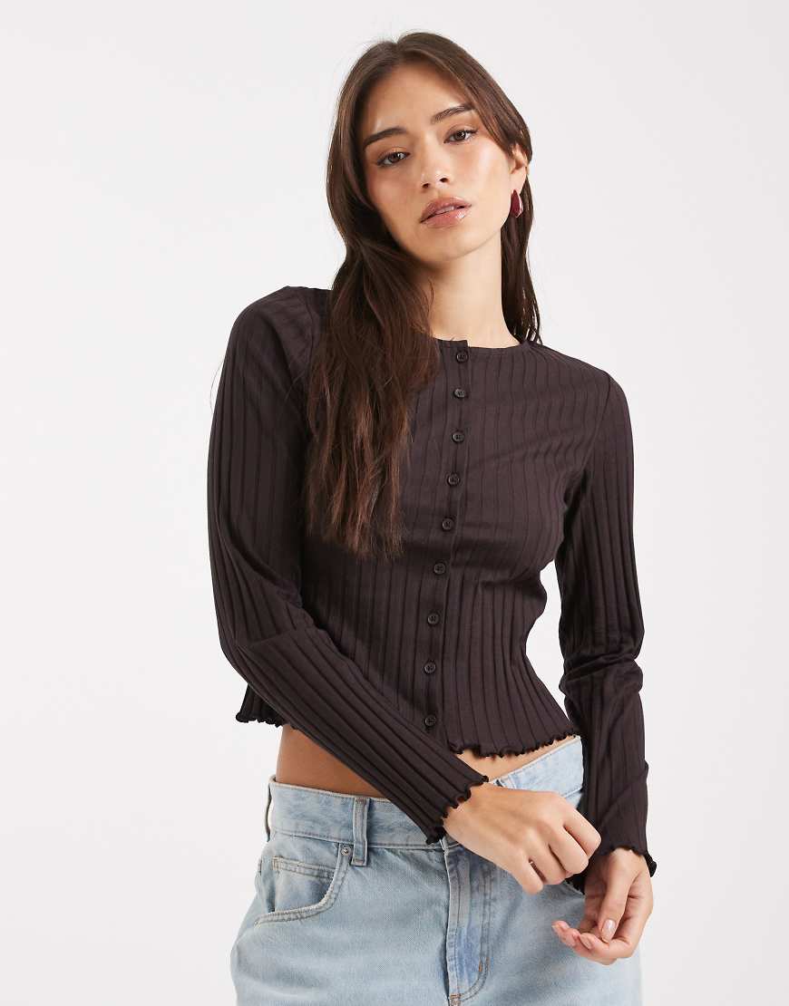 Miss Selfridge - Gerippte Strickjacke in Schokobraun-Brown von Miss Selfridge