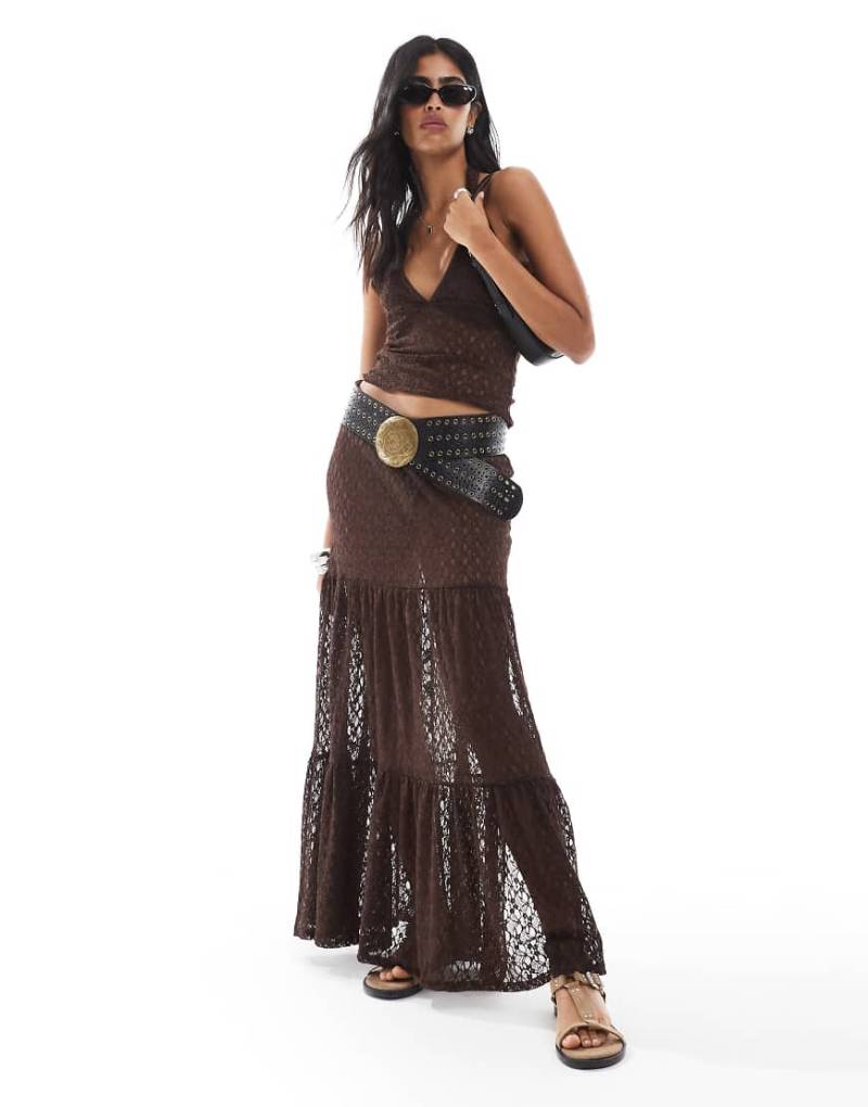 Miss Selfridge - Gestufter Maxirock aus Spitze, Kombiteil-Braun von Miss Selfridge