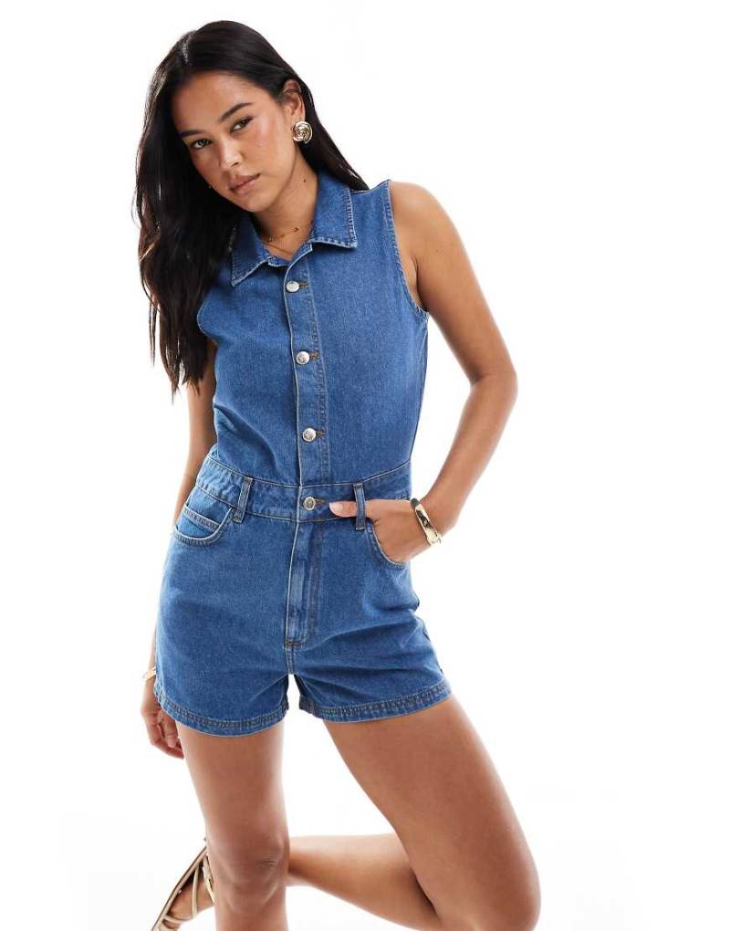 Miss Selfridge - Jeans-Playsuit in mittlerer Waschung-Blau von Miss Selfridge