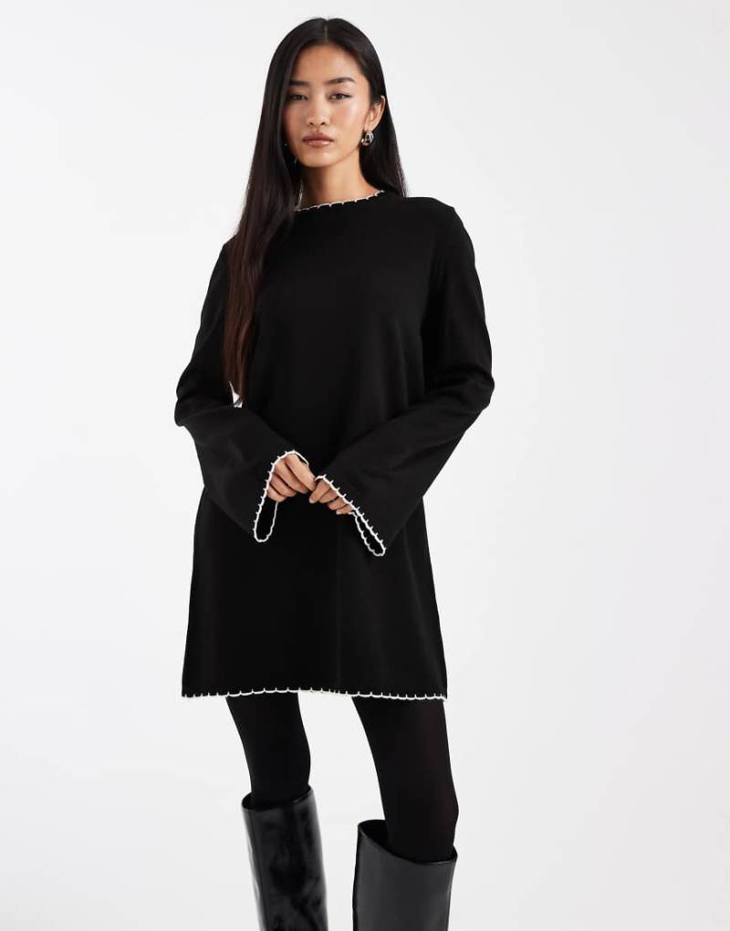 Miss Selfridge - Kleid in Schwarz mit Languettenstich und cremefarbenen Streifendetails von Miss Selfridge