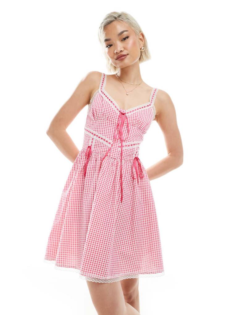 Miss Selfridge - Korsett-Kleid in Rot mit Vichy-Karos von Miss Selfridge