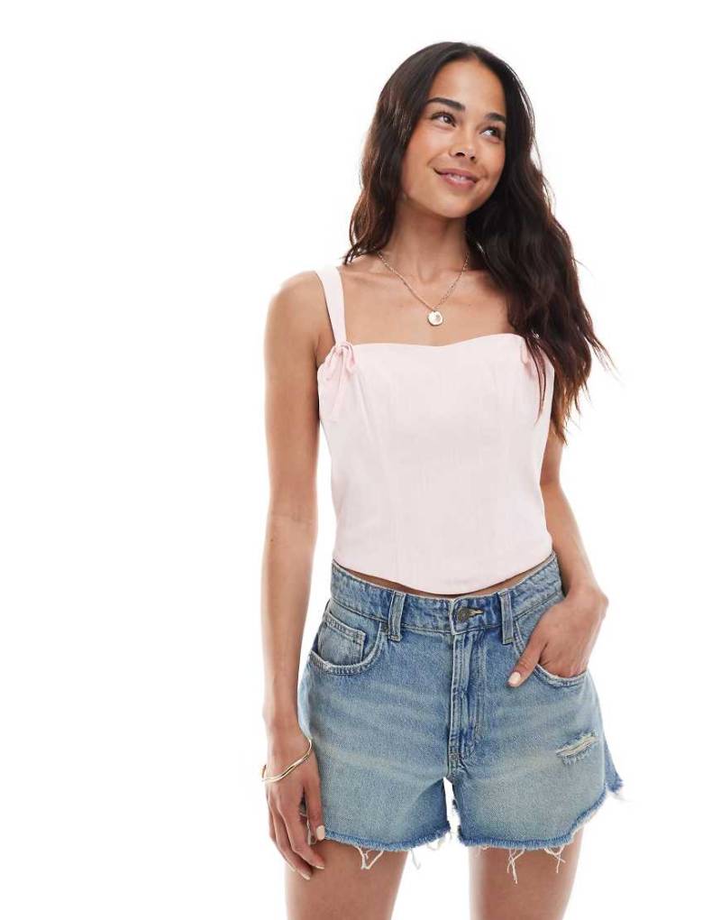 Miss Selfridge - Korsett-Top aus Leinenmix in Hellrosa mit Schleifendetail von Miss Selfridge