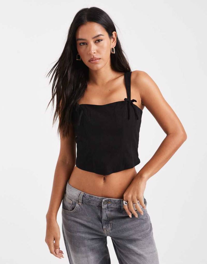 Miss Selfridge - Korsett-Top aus Leinenmix in Schwarz mit Schleifendetail von Miss Selfridge