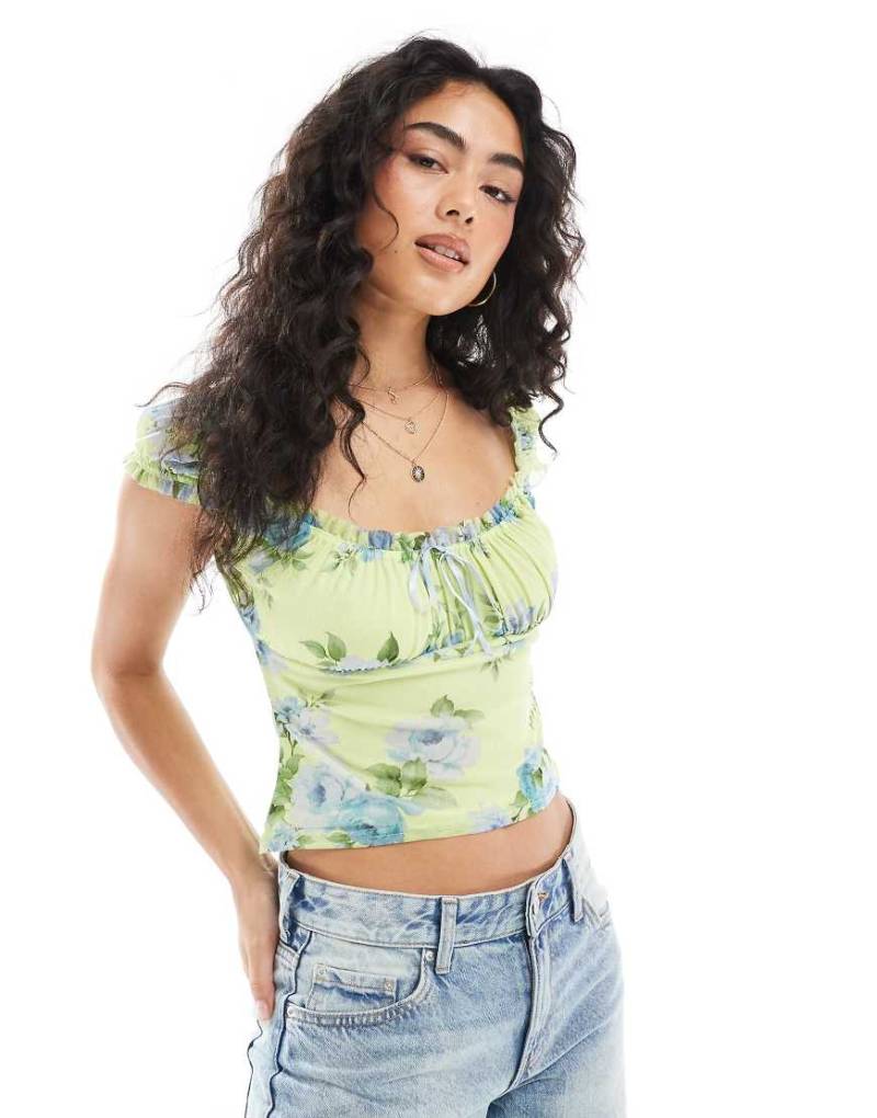 Miss Selfridge - Korsett-Top aus Netzstoff in Gelb mit Picotsaum-Spitze und Blumenmuster von Miss Selfridge