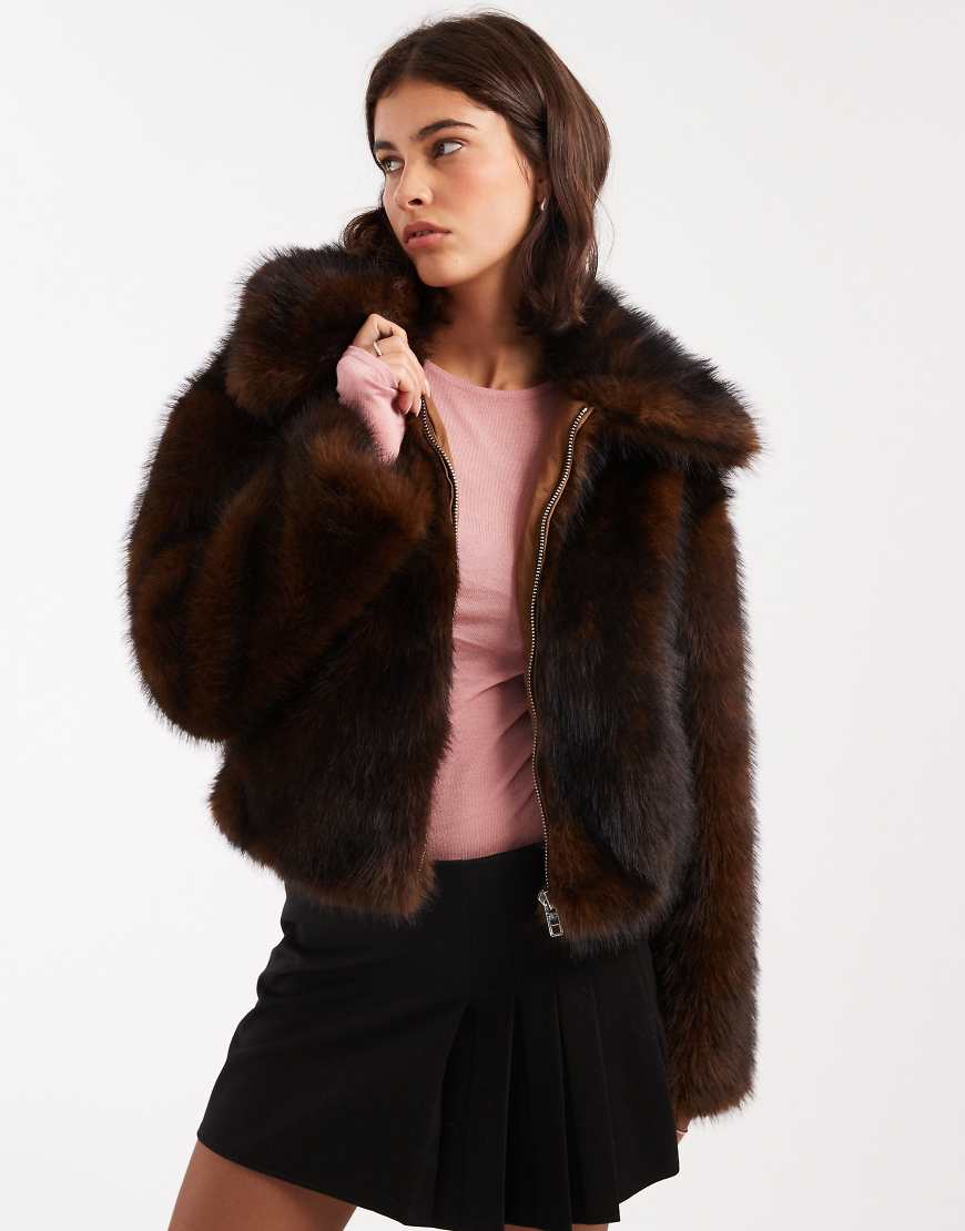 Miss Selfridge - Kunstpelz-Bomberjacke in Schokobraun mit Kragendetail-Brown von Miss Selfridge