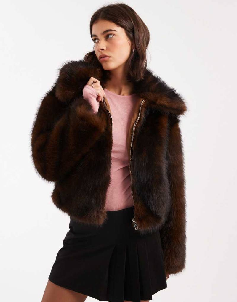 Miss Selfridge - Kunstpelz-Bomberjacke in Schokobraun mit Kragendetail-Brown Miss Selfridge - Kunstpelz-Bomberjacke in Schokobraun mit Kragendetail-Brown von Miss Selfridge