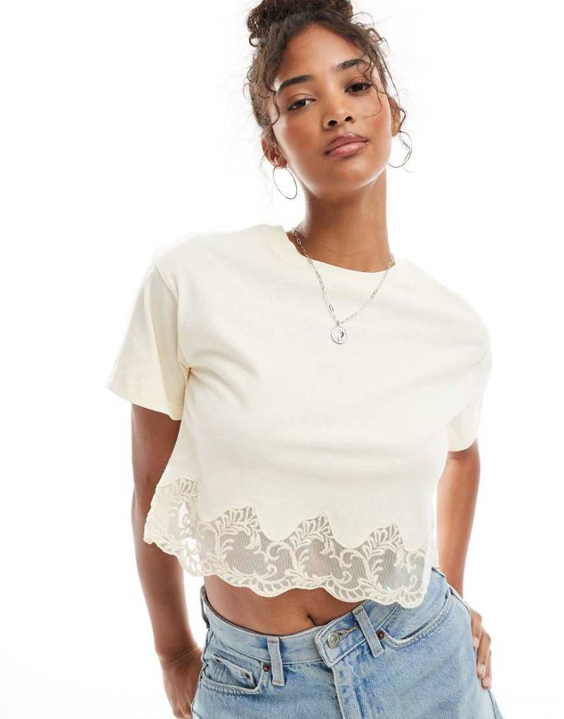 Miss Selfridge - T-Shirt in Buttermilchgelb mit Spitzensaum-Bunt von Miss Selfridge