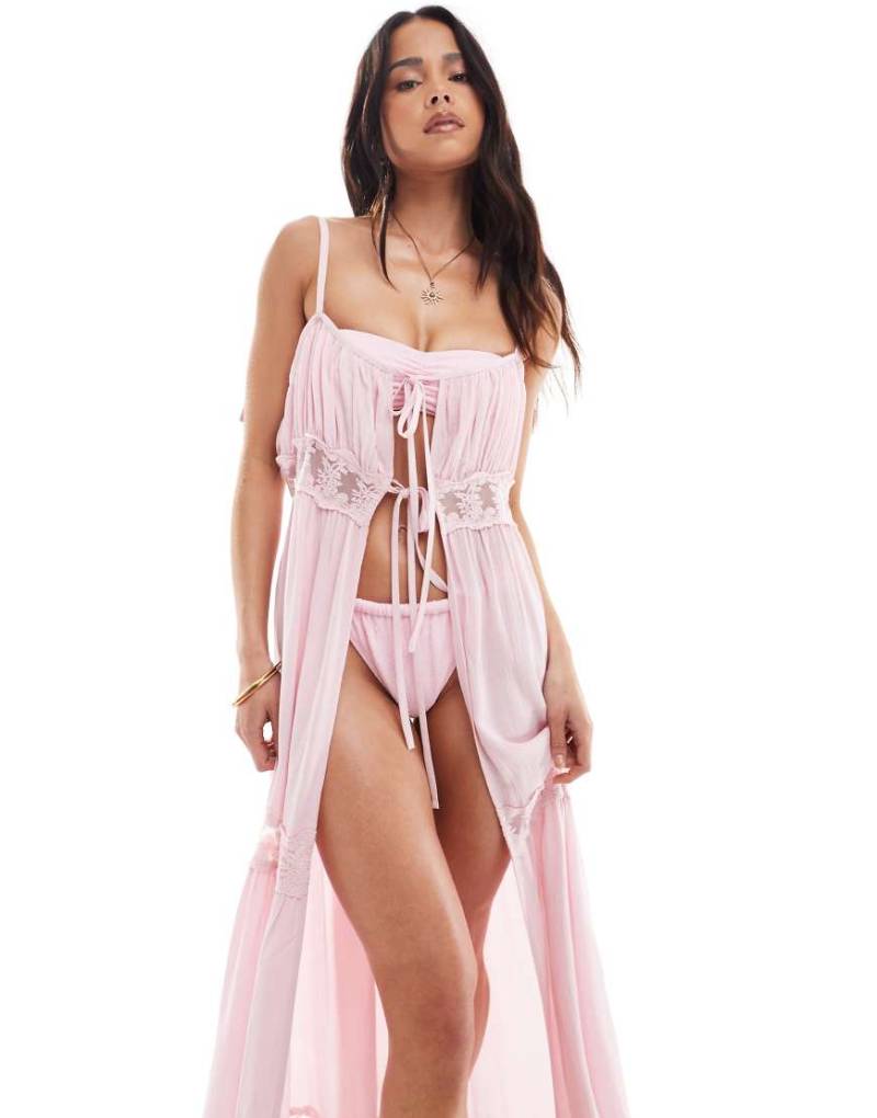 Miss Selfridge - Maxi-Strandkleid in Zartrosa mit gebundener Vorderseite und Spitzenborte von Miss Selfridge