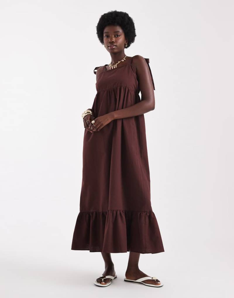 Miss Selfridge - Maxikleid aus Leinen in Schokobraun mit Bindeträger-Brown von Miss Selfridge