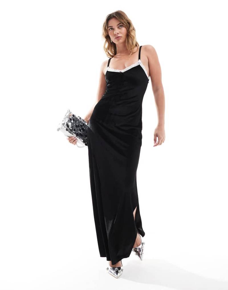 Miss Selfridge - Maxikleid aus Samt mit Spitzendetail-Schwarz von Miss Selfridge