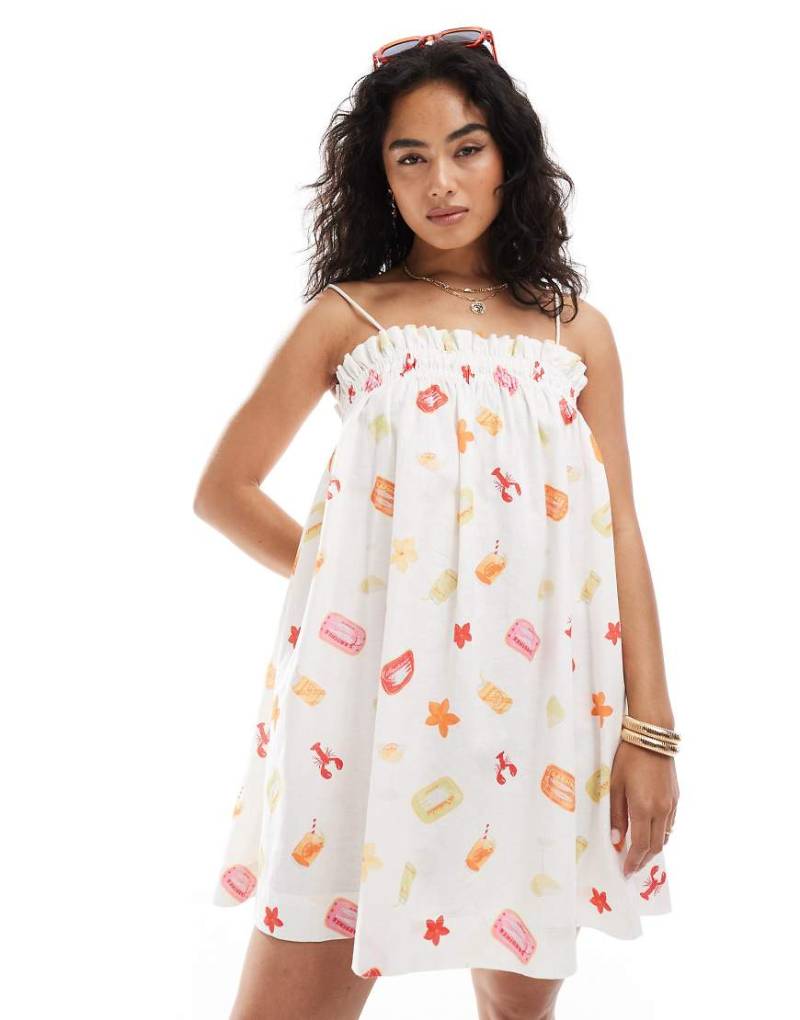 Miss Selfridge - Mini-Hängerkleid aus Leinen mit Fruchtmuster-Bunt Miss Selfridge - Mini-Hängerkleid aus Leinen mit Fruchtmuster-Bunt von Miss Selfridge