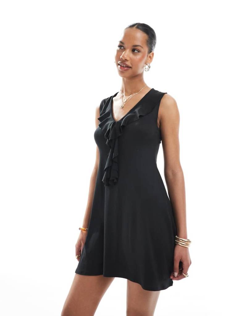 Miss Selfridge - Mini-Sommerkleid in Schwarz mit geschnürter Vorderseite und Rüschen-Keine Farbe von Miss Selfridge