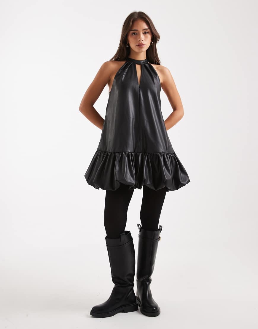 Miss Selfridge - Minikleid aus Kunstleder mit Ballonsaum-Schwarz von Miss Selfridge