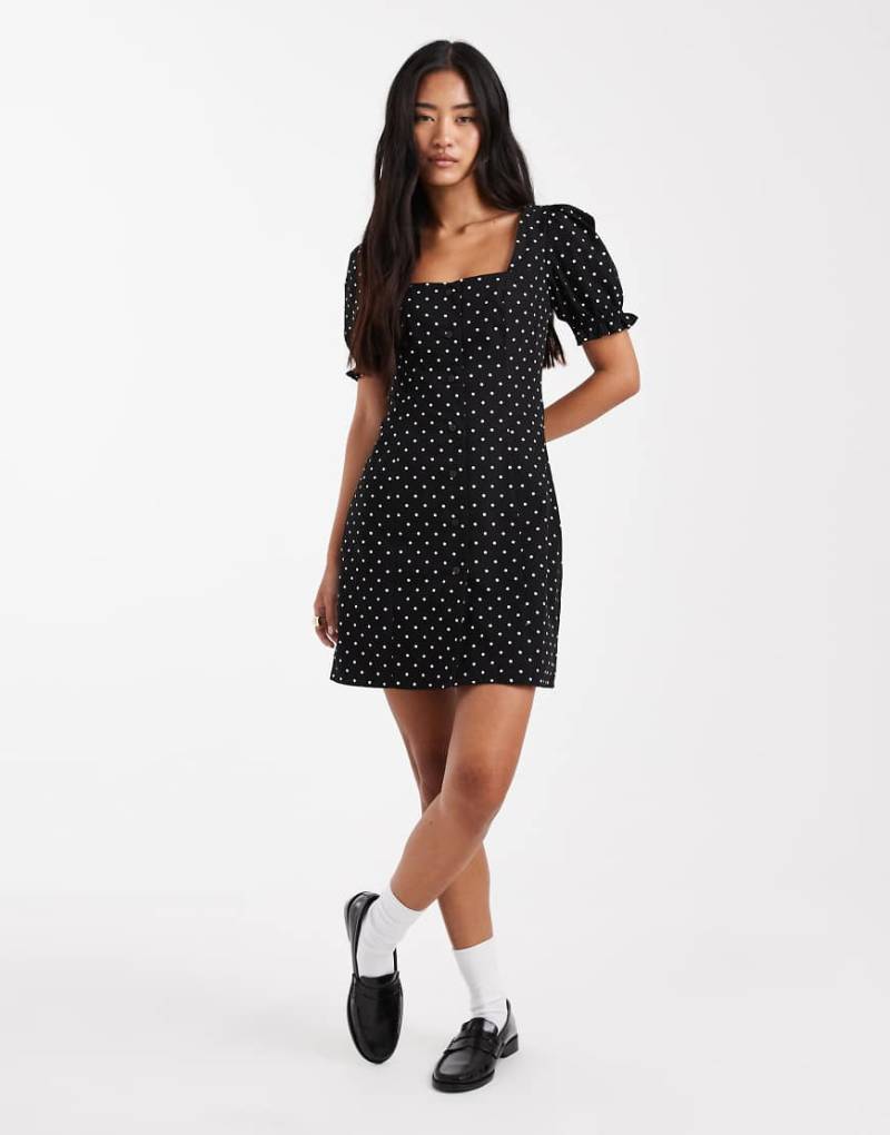 Miss Selfridge - Minikleid mit Polka-Dots und Puffärmeln-Schwarz von Miss Selfridge