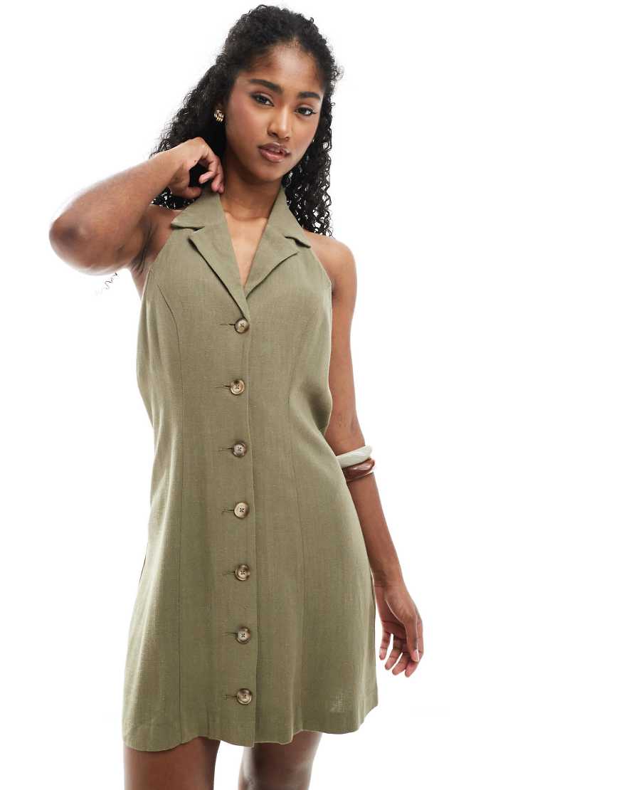 Miss Selfridge - Neckholder-Minikleid aus Leinenmix in Khaki mit Kragen-Grün von Miss Selfridge