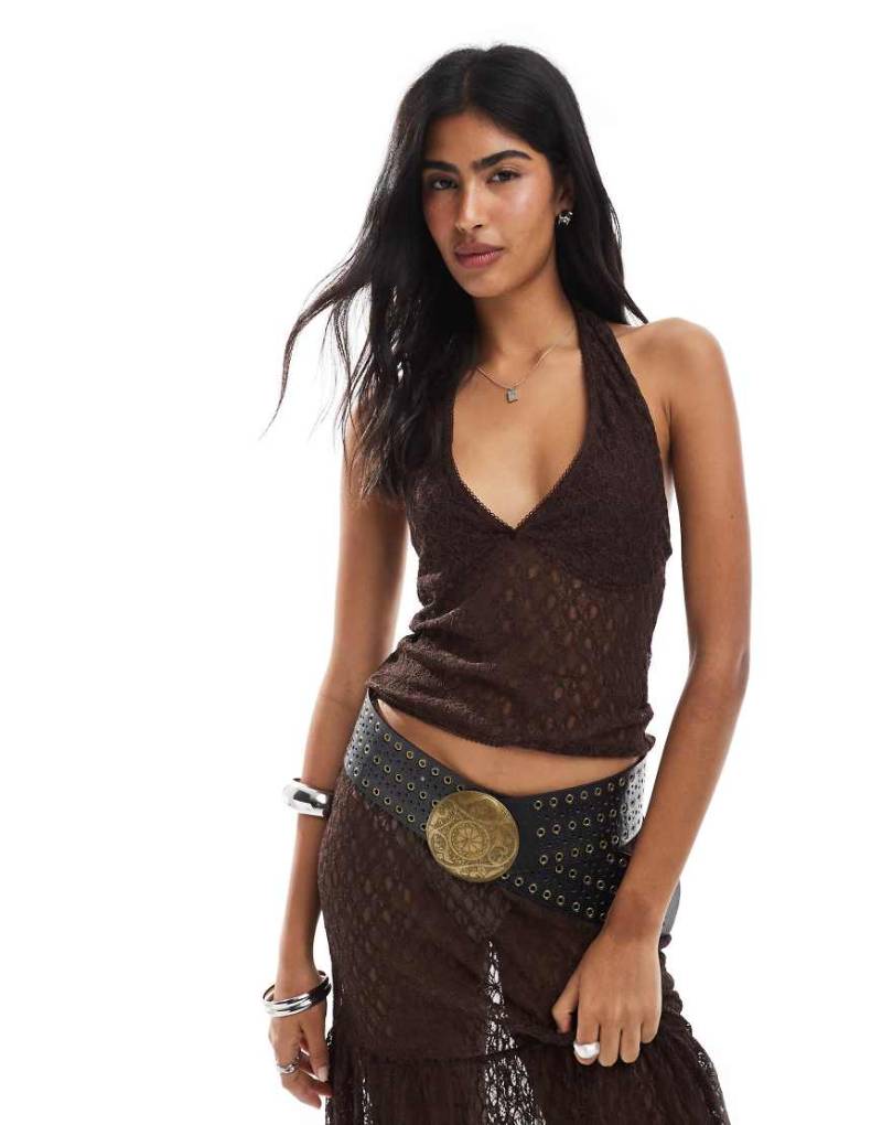 Miss Selfridge - Neckholder-Oberteil in Schokobraun aus Spitze-Schwarz von Miss Selfridge