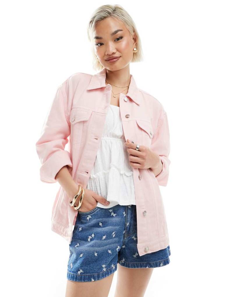 Miss Selfridge - Oversize-Jeansjacke in rosa Waschung von Miss Selfridge