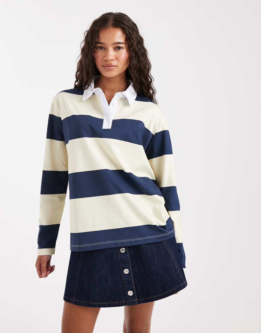 Miss Selfridge - Oversize-Rugby-Shirt in marineblau und buttermilchgelb gestreift-Bunt von Miss Selfridge