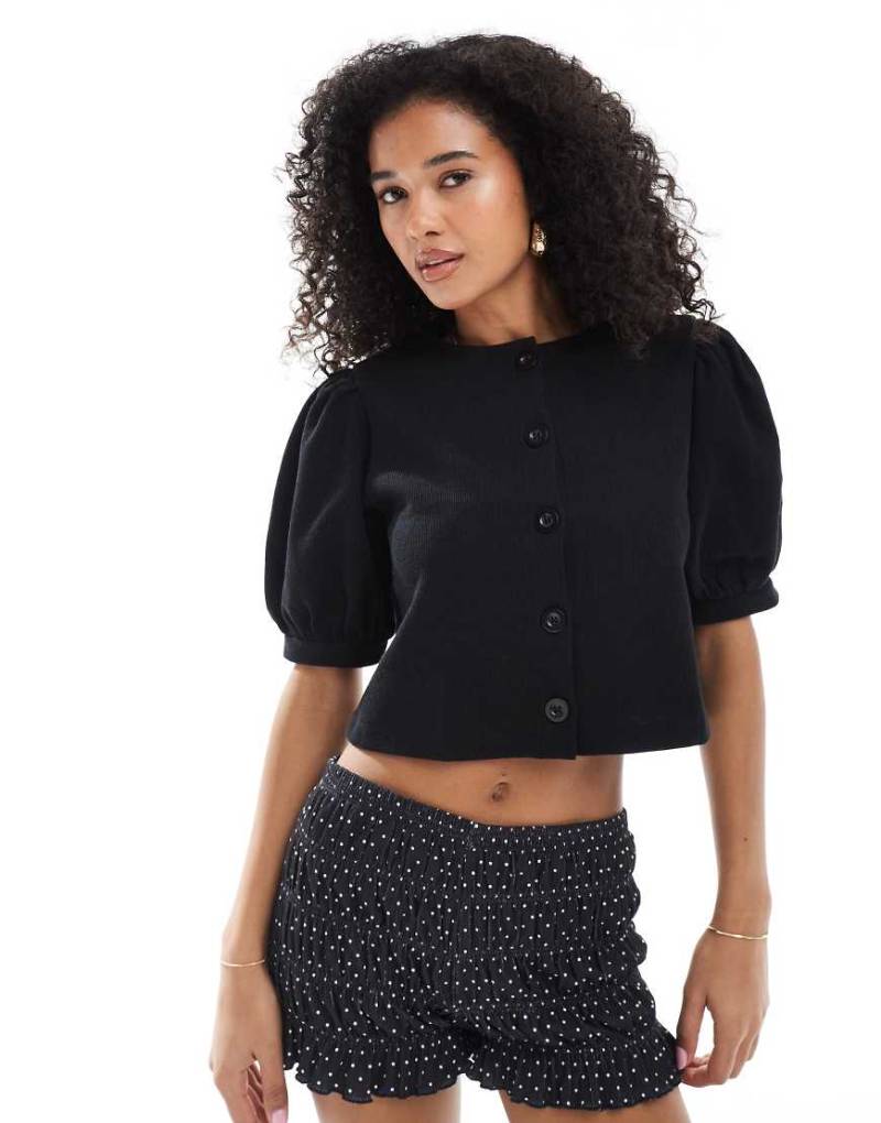 Miss Selfridge - Premium-Top aus weichem Rippstoff in Schwarz mit Puffärmeln von Miss Selfridge