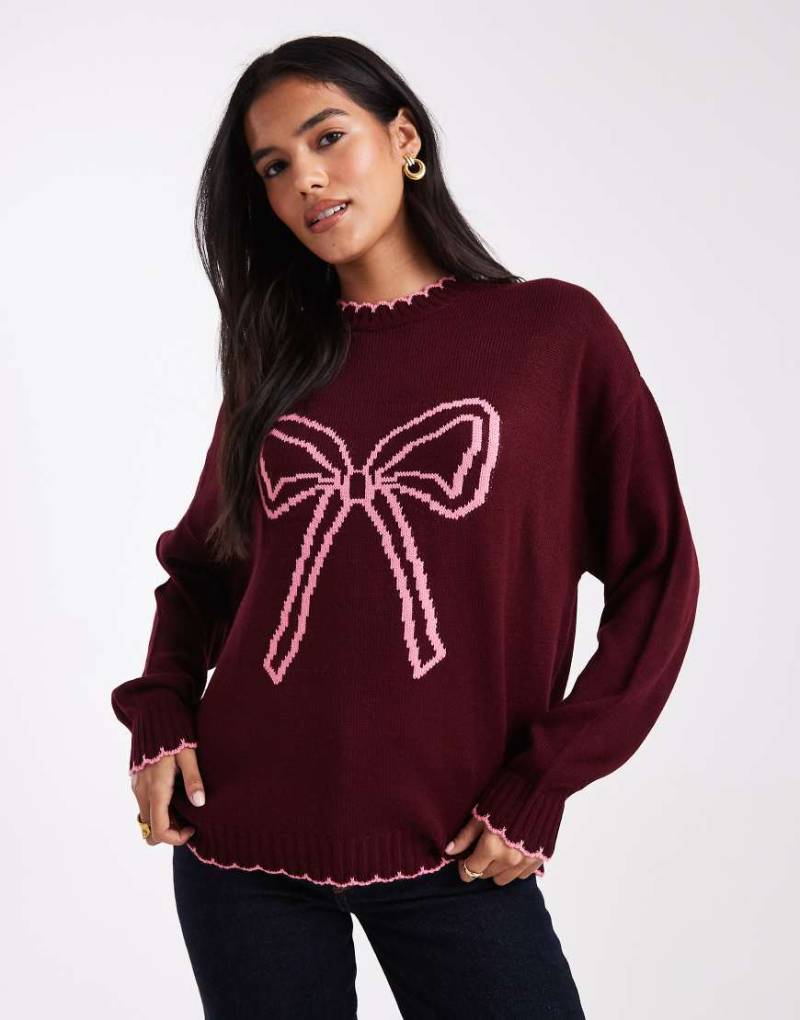 Miss Selfridge - Pullover in Burgunderrot mit Languettenstich und Schleifenmotiv von Miss Selfridge