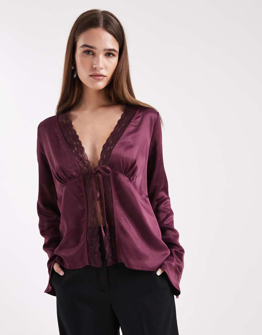 Miss Selfridge - Satin-Bluse in Feige mit gebundener Vorderseite-Lila von Miss Selfridge