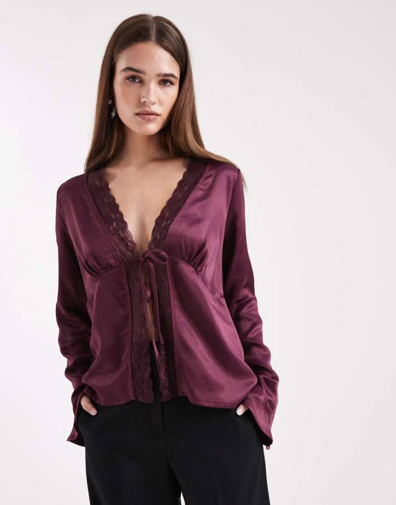 Miss Selfridge - Satin-Bluse in Feige mit gebundener Vorderseite-Lila von Miss Selfridge