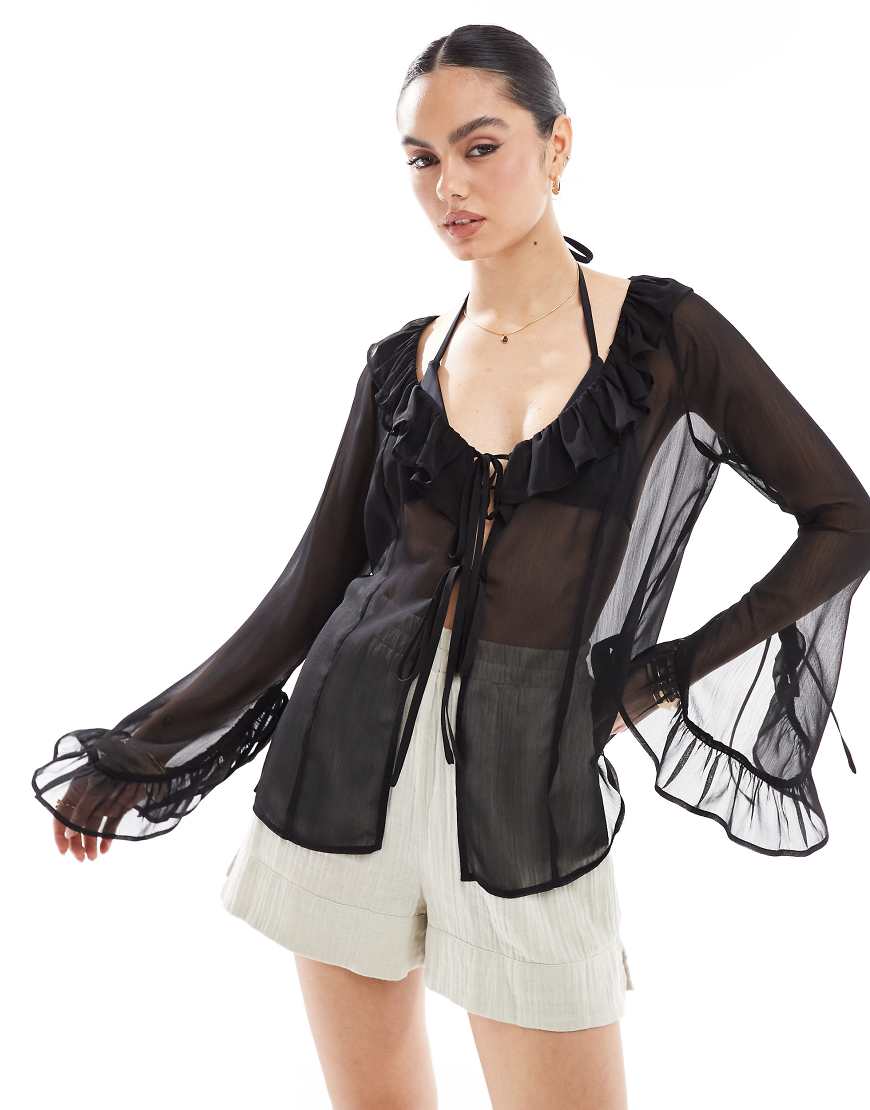 Miss Selfridge - Strand-Cover-up aus Chiffon in Schwarz mit Bindedetail vorne von Miss Selfridge