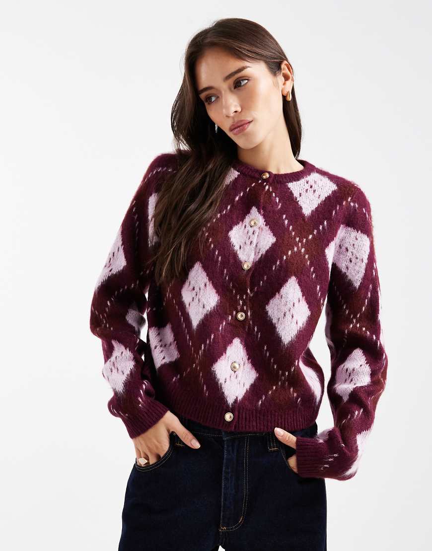 Miss Selfridge - Strickjacke in Pflaume mit Rautenmuster-Lila von Miss Selfridge