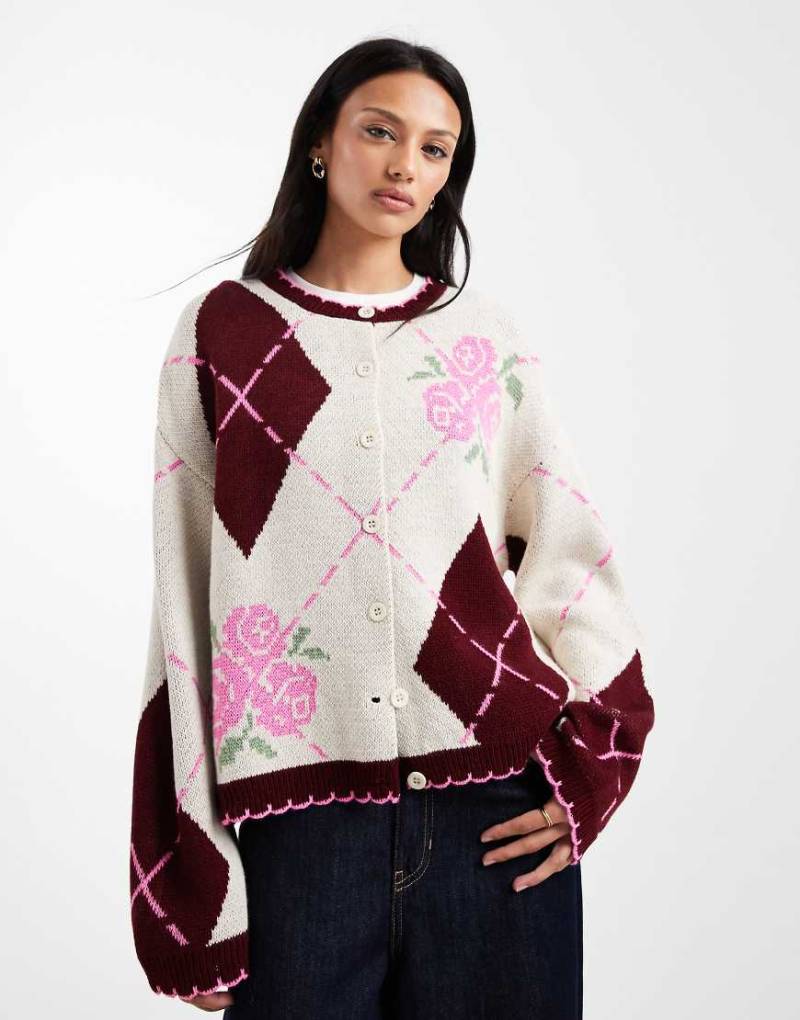Miss Selfridge - Strickjacke in Rosa mit Languettenstich und Rautenmuster-Bunt von Miss Selfridge