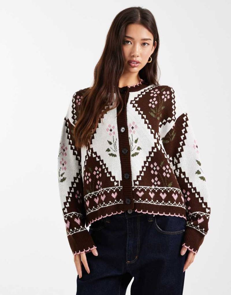 Miss Selfridge - Strickjacke mit Blumen- und Rautenmuster-Bunt von Miss Selfridge