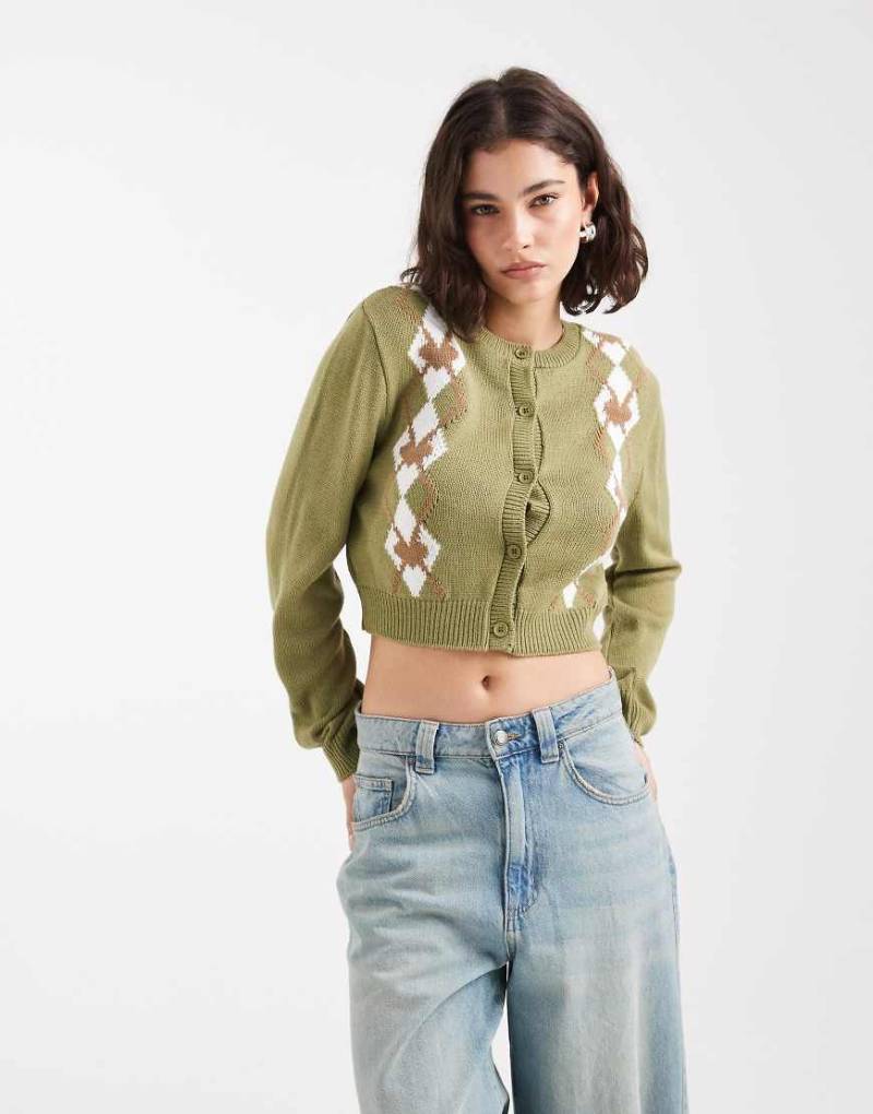 Miss Selfridge - Strickjacke mit Rautendetails in Oliv-Grün von Miss Selfridge