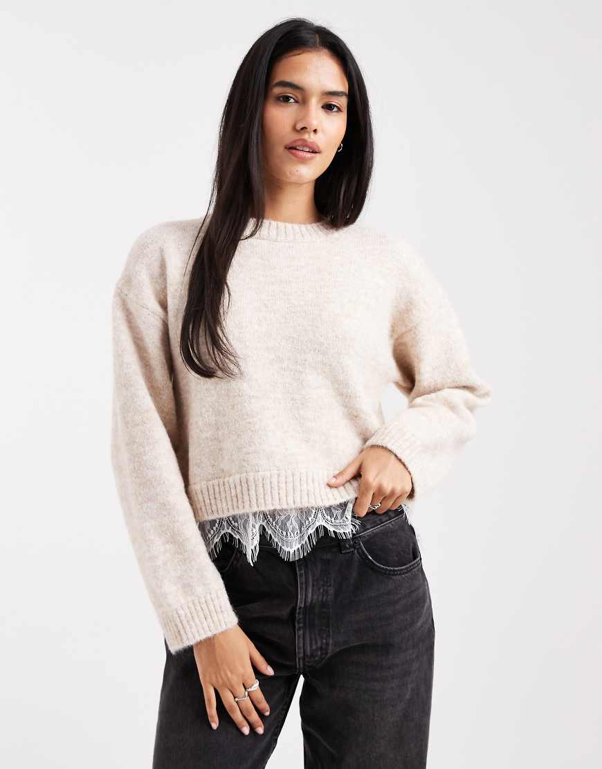 Miss Selfridge - Strickpullover in Beige mit Spitzensaum-Neutral von Miss Selfridge