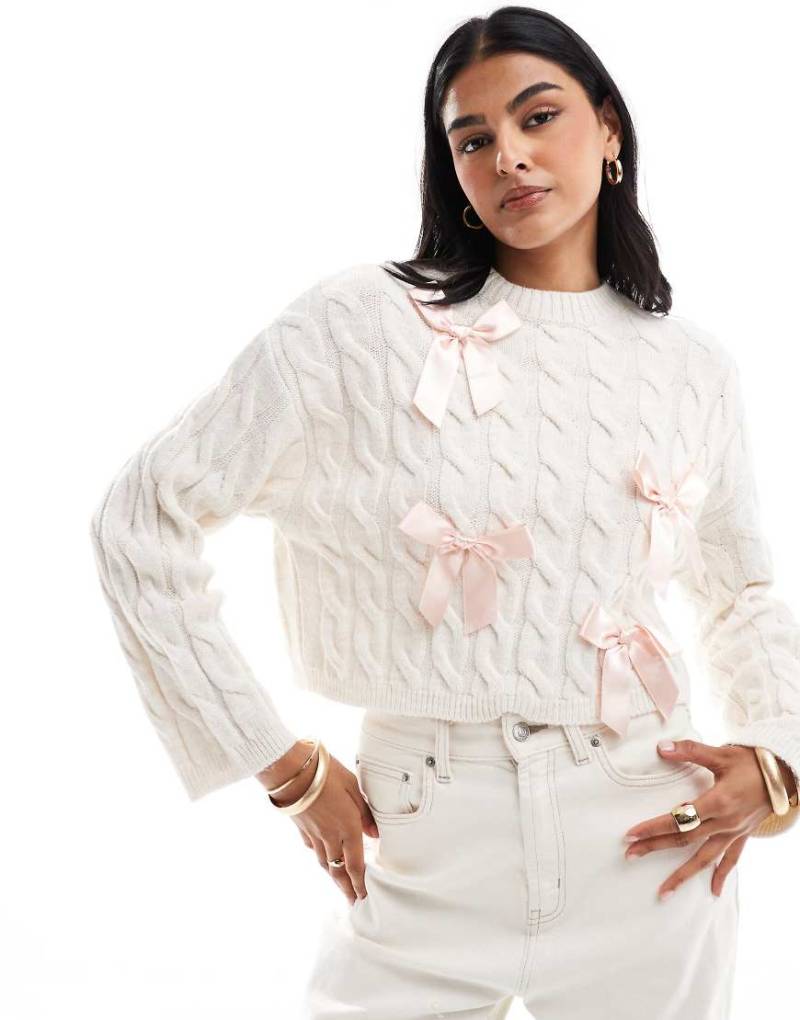 Miss Selfridge - Strickpullover in Hellbeige mit Satinschleifen-Neutral von Miss Selfridge