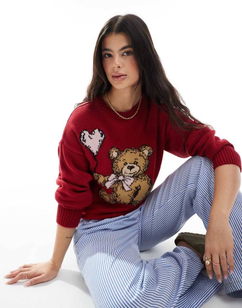Miss Selfridge - Strickpullover in Rot mit Teddy-Schleifen-Motiv-Braun von Miss Selfridge