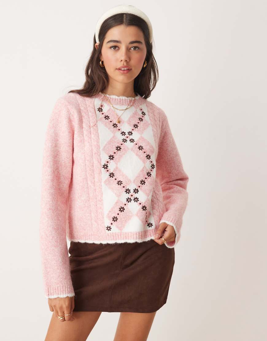 Miss Selfridge - Strickpullover mit floraler Rautenstickerei-Rosa von Miss Selfridge